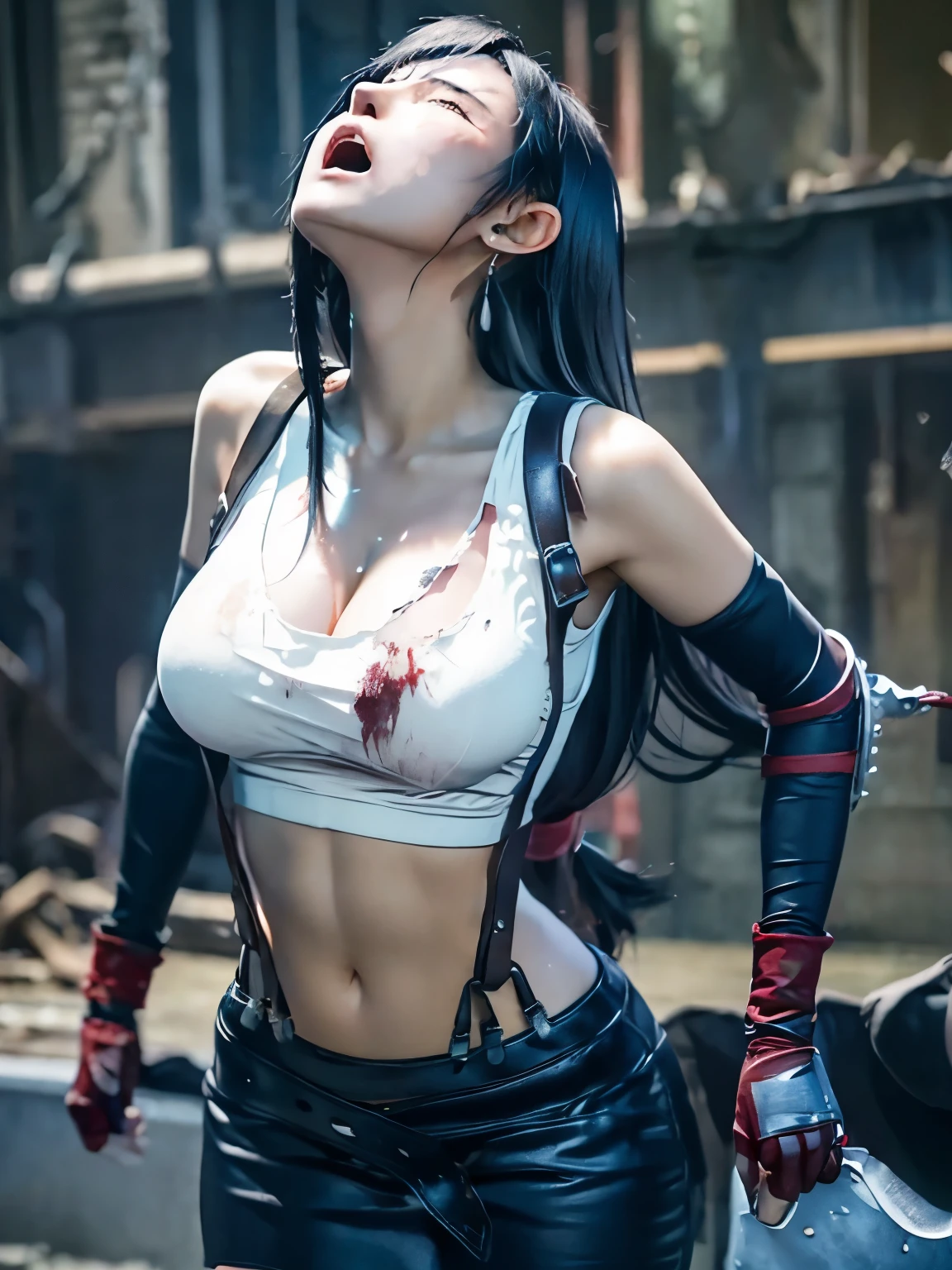 - [ ] Full body photo, photo, sharpness, unique 850 4, Koda850 k portrait camera, F1.6 lens, ultra-realistic textures, spectacular light textures, Cinestil 800 fashion mechanics, appearance, beautiful girl with accentuated slender abs: 1.4,Six Pack Abs: 1.4, Bust Botox,standing on tiptoe, long legs,brown hair, long hair, (wearing a torn sheer costume of a superheroine) ),(no panties, no bra),sweating,wet,wet crotch,wet thighs,(futuristic sci-fi battle fashion,elbow and knee cyberpad, cyberglove: 1.1),((torn costume)),belly and navel visible,thin sheer costume, shredded costumes,cyber long combat boots with golden knee pads,anatomical,(futuristic sci-fi battle fashion, cracked elbow and knee cyberpads, torn cyberlong boots, torn cybergloves: 1.1),pain,(((tears flow, cry with pain)),(wide prison with sunlight)),dark fantasy, peeling of the ceiling, broken slabs, rebar between cracks, realistic material details, extreme details, ultra-realistic materials, broken walls,blood、junkyard, blood splattered on the face, blood splattered, realistic, (bruises, dirty, ripped clothes, skimpy clothes, blood: 1.3), torn cloak, Torn pantyhose, restraint, ((straddling the iron bar)),(tied perfectly by iron chain), restraint, slave, collars, contempt, (chained), chains digging into the crotch, hands tied behind the back, invisible hands, ((4 chains hung from heaven)), metallic shackles and fetters, wet crotch clearly visible,((both wrists restrained above the head)), (((left leg tied at the knee is suspended)), Five chains on both hands, legs and neck, chained from the left knee to the heavens, chained by rusted iron chains, ((((A thin metal drill sticks out of the ground to the crotch))), The left leg extends straight up without bending the knee,((chains on clothes)),broken golden shields and battle spears, golden shoulder armor and combat gloves, ((the tip is protruding, the areola protrudes, the shape of the pubic area is clearly visible))),((iron pipe into the crotch))), Left leg