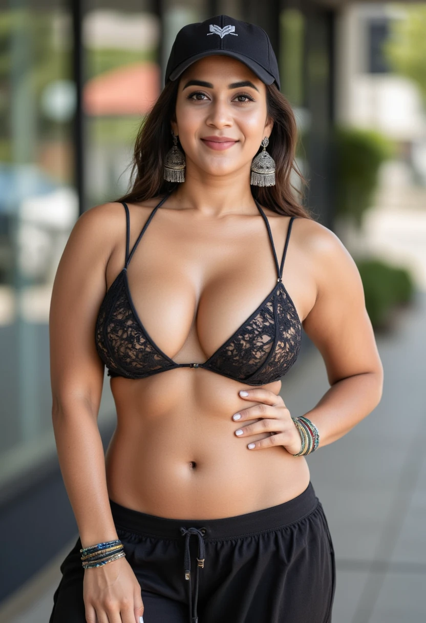 A upper body photo of a sexy, curvy slim model girl from a cafe setting. She's wearing a micro string mini bikini top , pants that hugs hegure, showcasing her thick muscular thighs. She has very big saggy . Her confident smirk radiates charisma as she stands in a cafe as a waitress, as a waitress, her large earrings catching the light. Detailed skin texture, DSLR quality, cinematic lighting, and intricate accessories all come together to capture her allure, (((large breasts))), (((deep open neckline))), (((long waist))), (((bracelets))), (((wide hip))), (((string micro bikini top))), (((big saggy ))), (((wide shoulders))), (((wearing a cap))), (((pants))), (((navel))), (((midriff))),Skin blemish, sydney, smiling