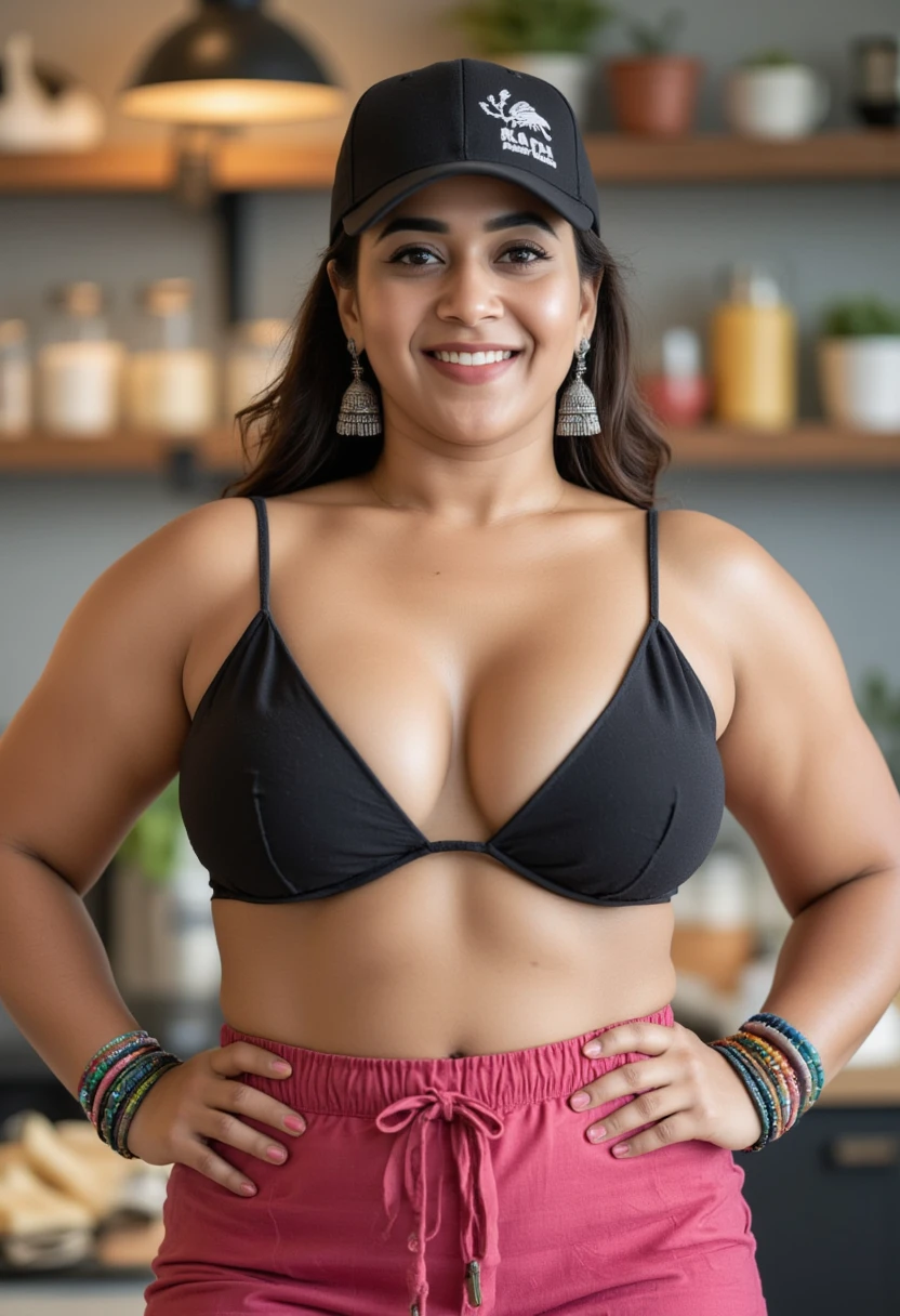 A upper body photo of a sexy, curvy slim model girl from a cafe setting. She's wearing a micro string mini bikini top , pants that hugs hegure, showcasing her thick muscular thighs. She has very big saggy . Her confident smirk radiates charisma as she stands in a cafe as a waitress, as a waitress, her large earrings catching the light. Detailed skin texture, DSLR quality, cinematic lighting, and intricate accessories all come together to capture her allure, (((large breasts))), (((deep open neckline))), (((long waist))), (((bracelets))), (((wide hip))), (((string micro bikini top))), (((big saggy ))), (((wide shoulders))), (((wearing a cap))), (((pants))), (((navel))), (((midriff))),Skin blemish, sydney, smiling