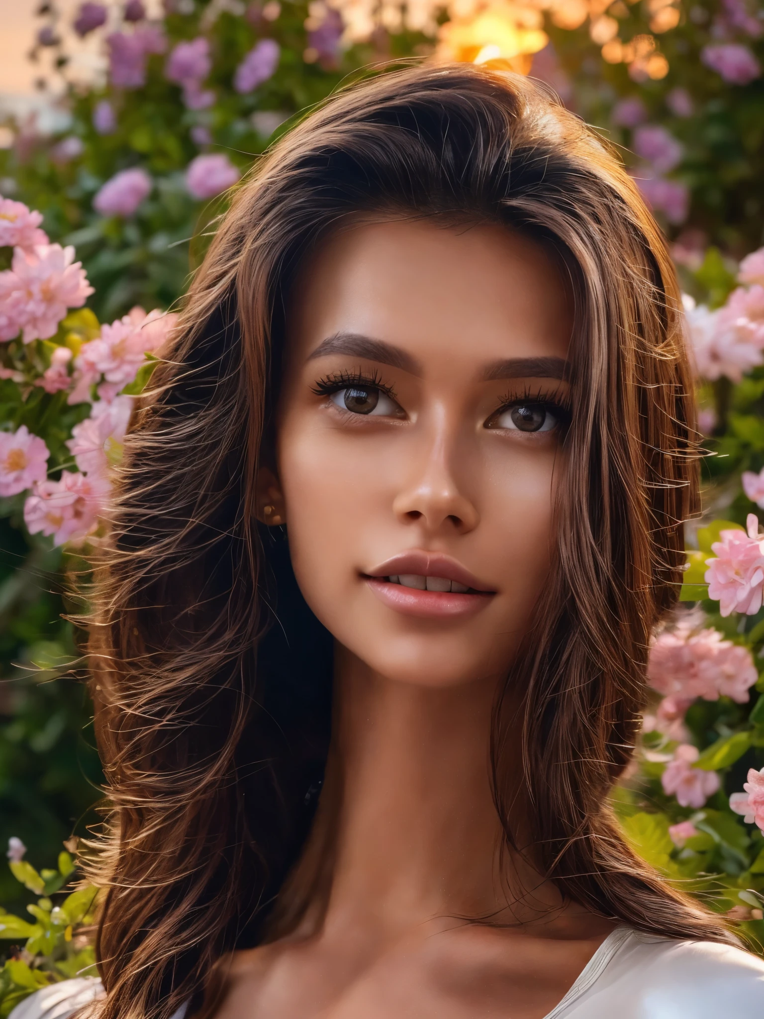 A gorgeous light brunette woman (Cristy Ren), wavy hair. large , blueeyes, she's a men magazine model. She has a subtle smile and flirts with the camera, (She wears a long blouse that covers her and belly and leather pants:1.2), ((surrounded by beautiful flowers)) (in sunset light:1.2), perfect eyes, perfect hands, perfect body, perfect hair, perfect , hair behind ear, UHD, retina, masterpiece, accurate, anatomically correct, textured skin, super detail, high details, high quality, award winning, best quality, high res, 16k, 8k