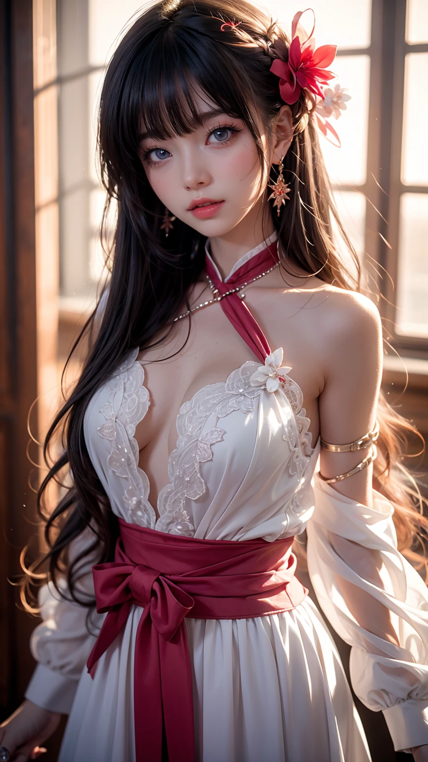 Beautiful girl in shrine maiden outfit, Outstanding Style, Beautiful breasts, Fascinating Cleavage, Ultra-detailed, Professional photography techniques, Cinema Lighting, Highest quality, masterpiece, 8K, RAW Photos