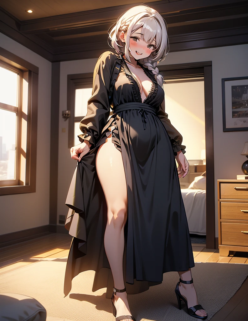 female beautiful blonde brown skin, holds a cup of coffee in his hand, christmas decoration painting, Handcuffs on their hands, With a collar around the neck, brown huge belt on waist, slave, ((black choker, shackles on legs and arms)), linen tunic, smirking smile
