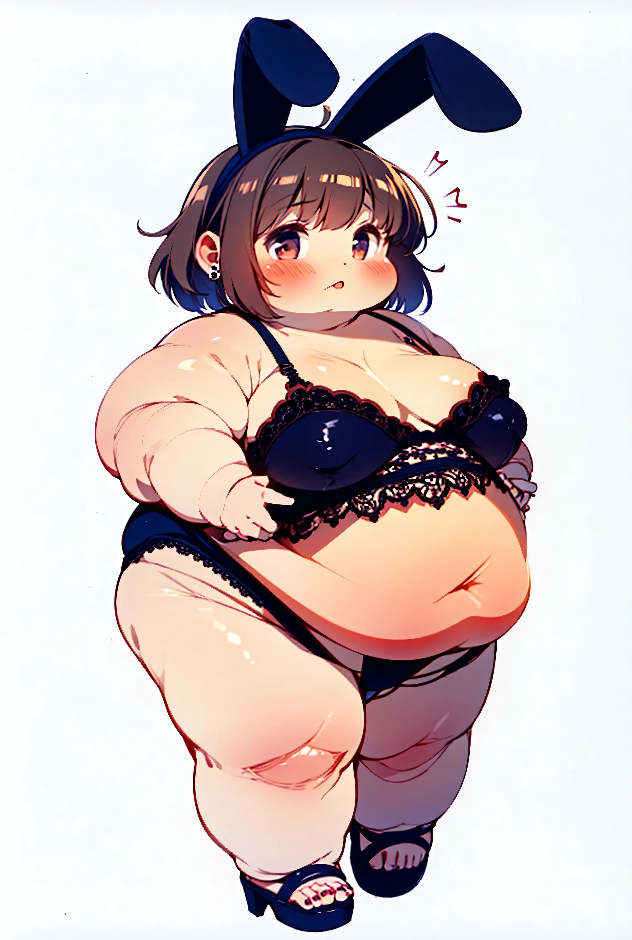 (( best quality)),(kawaii:1.2) break (Full body chibi character:1.6), (Big Head),cute break obese break ( light brown hair ), sex,((Bangs Bangs)) break 汗, ahe face,よだれ break (black leotard,lace bra,lace panties,playboy bunny,neckless,earing, garter belt ,cumshot,puffy pussy) break (saggy breasts:1.5),masterbation,Fingering,sexy pose,squatting