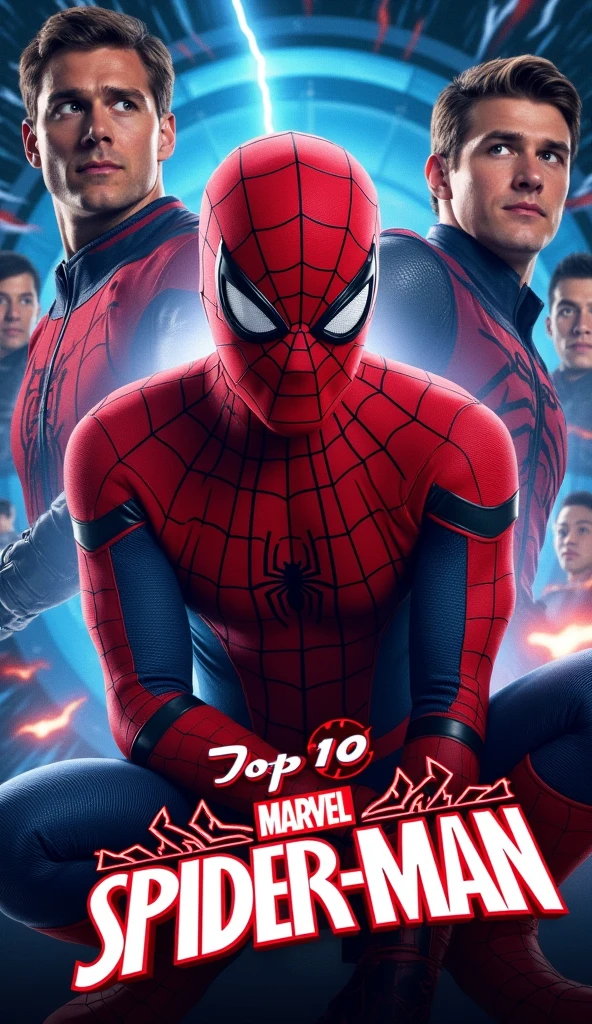 eye-catching YouTube Shorts thumbnail** instructions for "Top 10 Most Popular Spider-Man Movies in Marvel":
Thumbnail Instructions**:
Create a detailed thumbnail for a YouTube Shorts video titled *"Top 10 Most Popular Spider-Man Movies in Marvel"*. The design should be visually appealing, action-packed, and attention-grabbing, reflecting Spider-Man's movie legacy. Here's the breakdown:
1. **Main Characters**:
- Place **Tobey Maguire**, **Andrew Garfield**, and **Tom Holland** in dynamic poses (e.g., swinging or jumping).
- Use **vibrant, glowing outlines** to make each Spider-Man stand out.
- Add **Miles Morales** from *Spider-Verse* in a prominent position.
2. **Background**:
- Include a **Spider-Verse portal** with swirling lines and glowing effects.
- Add **blurred images of famous villains** like Green Goblin, Doc Ock, and Venom.
- Include **comic book-style action words** (e.g., "Thwip!", "Bam!") near each Spider-Man for impact.
3. **Text Overlay**:
- Use **bold, large font** with a glowing red/blue outline:
- "Top 10 Spider-Man Movies!" centered or at the top.
- Keep text legible, even on small screens.
4. **Design Elements**:
- Use **bright red, blue, and black** for contrast.
- Add **lightning effects** or **webbing patterns** to indicate action.
- Consider a **split-screen effect** showing Tom Holland on one side and the others on the other.
5. **Visual Style**:
- Keep the design **cinematic** and **dynamic**, using **angles** to convey excitement.
- Ensure **clear faces or masks**, with expressions of intensity.
6. **Additional Effects**:
- Add a **small, dramatic logo** or web design in the corner.
- Keep the thumbnail **clean**, avoiding overcrowding.
---
create an engaging and professional thumbnail to attract viewers, highlighting the **Spider-Verse** and excitement of the **Top 10 ranking** format.