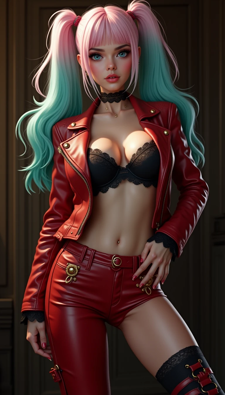 (best quality,4k,8k,highres,masterpiece:1.2),ultra-detailed,(realistic,photorealistic,photo-realistic:1.37),beautiful detailed eyes,beautiful detailed lips,extremely detailed eyes and face,long eyelashes,Morrigan as a normal human being,Morrigan wearing a white collared shirt,seductively unbuttoned,red leather pants,tight,sea-green hair,portrait,studio lighting,vivid colors, red leather pants, seductive pose,