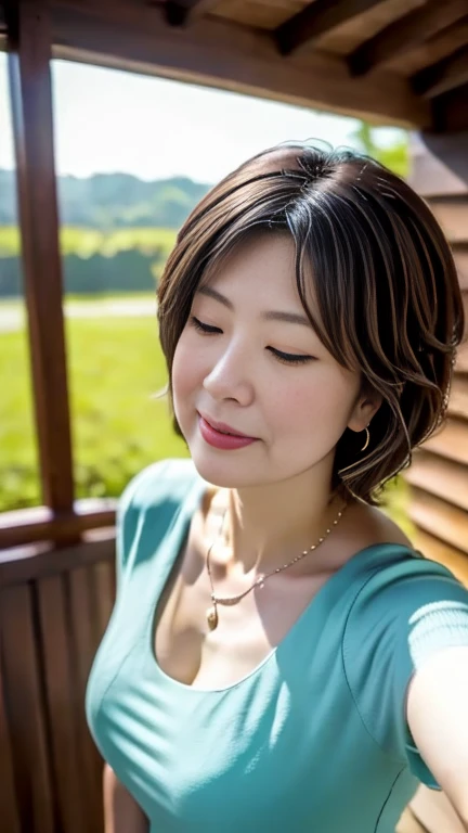 ( best quality, 8k, 32K, masterpiece,  ultra high resolution:1.2),美しい女性のSelfie写真, 45 year old housewife,  very short bob hair, upper body, face focus , blouse,  long skirt,  emphasizes cleavage,  Necklaces ,  simple background, looks up to the viewer ,(Selfie), ((Selfie)), ((Selfie:1.2)), angle from above, Overhead shot, 