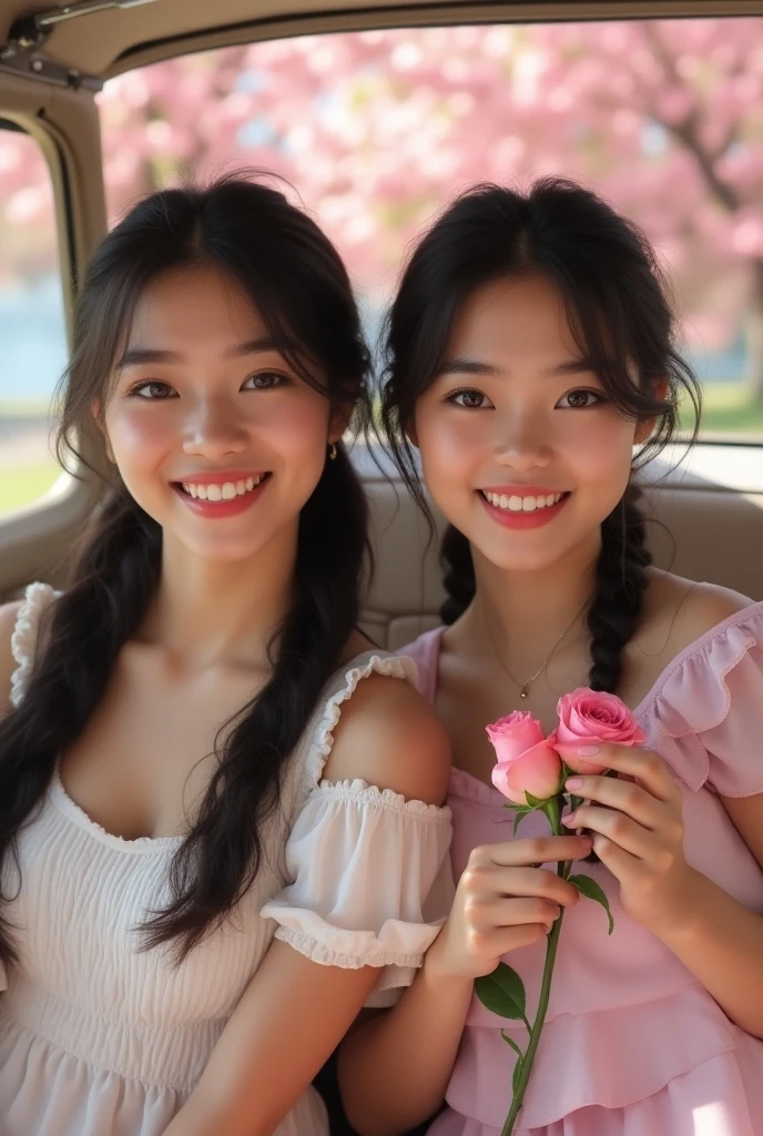 Real picture of 2 beautiful Pakistani Indonesian gemoy 20 year old beautiful and haired in kunchung pigtails again sitting in the front seat Beautiful cherry blossom garden hand holding a sprig of roses in her companion. The atmosphere seemed spacious and joyful