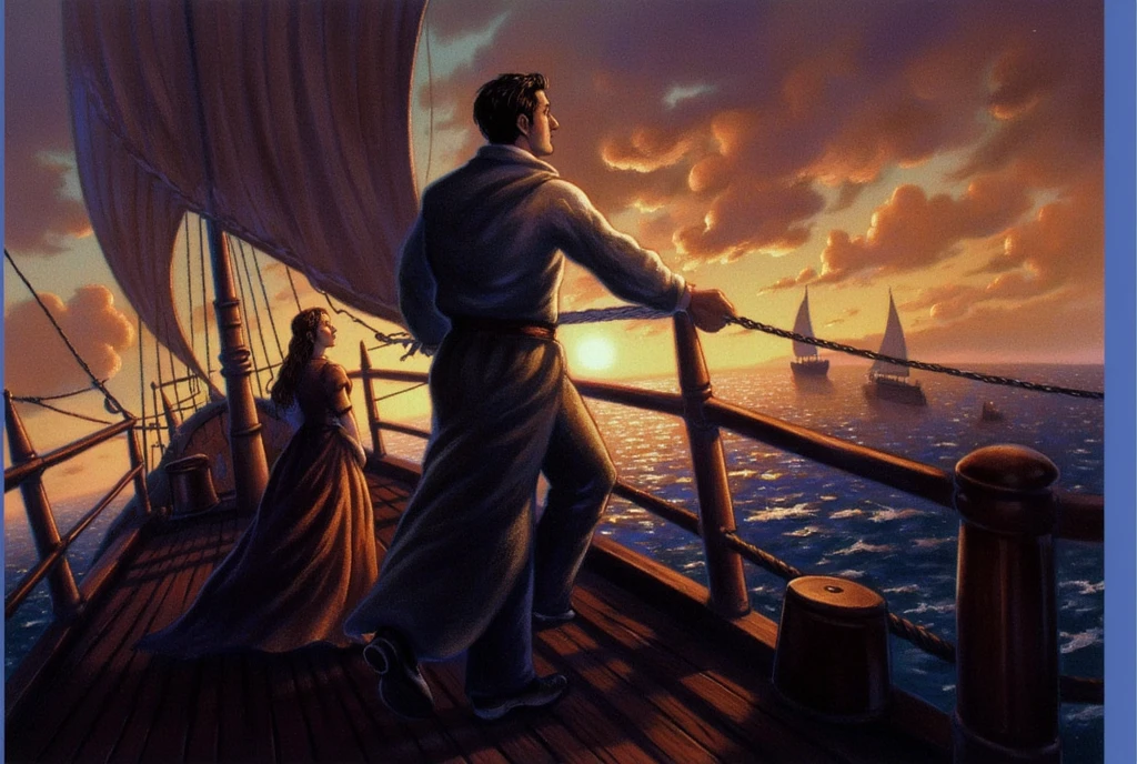 mrygp, A man and a woman stand at the bow of a massive ship, leaning slightly against the railing as they gaze out at the endless ocean. The man is dressed in simple, slightly worn clothes, his posture relaxed yet protective, while the woman wears an elegant dress that flows gently in the ocean breeze. Behind them, the ship’s towering masts and ropes frame the scene, with the vast expanse of the sea stretching out to the horizon. The atmosphere is calm and romantic, as the sunlight glimmers on the water, creating a sense of freedom and connection between the two figures.