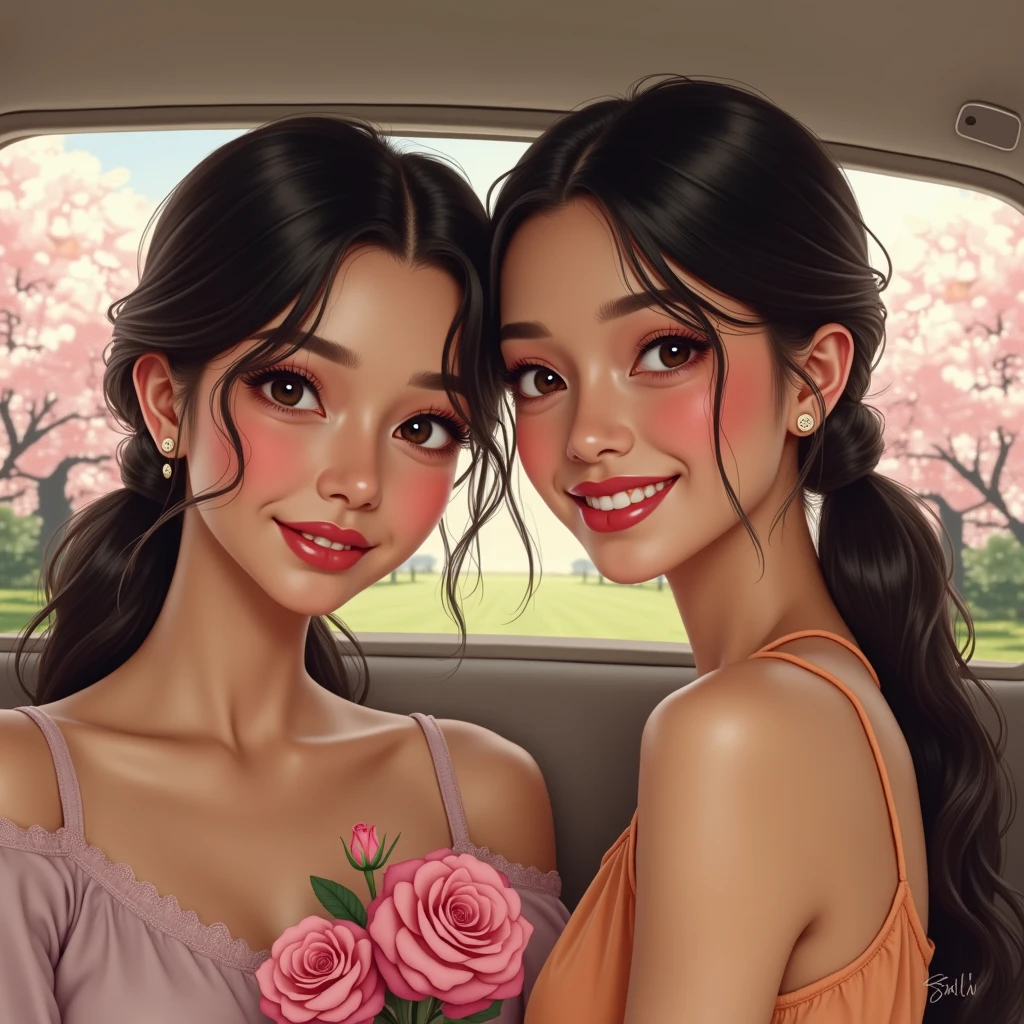 Photorealistic, two beautiful young women, Japanese, long hair, smiling happily, nude, sitting together in a car, at night