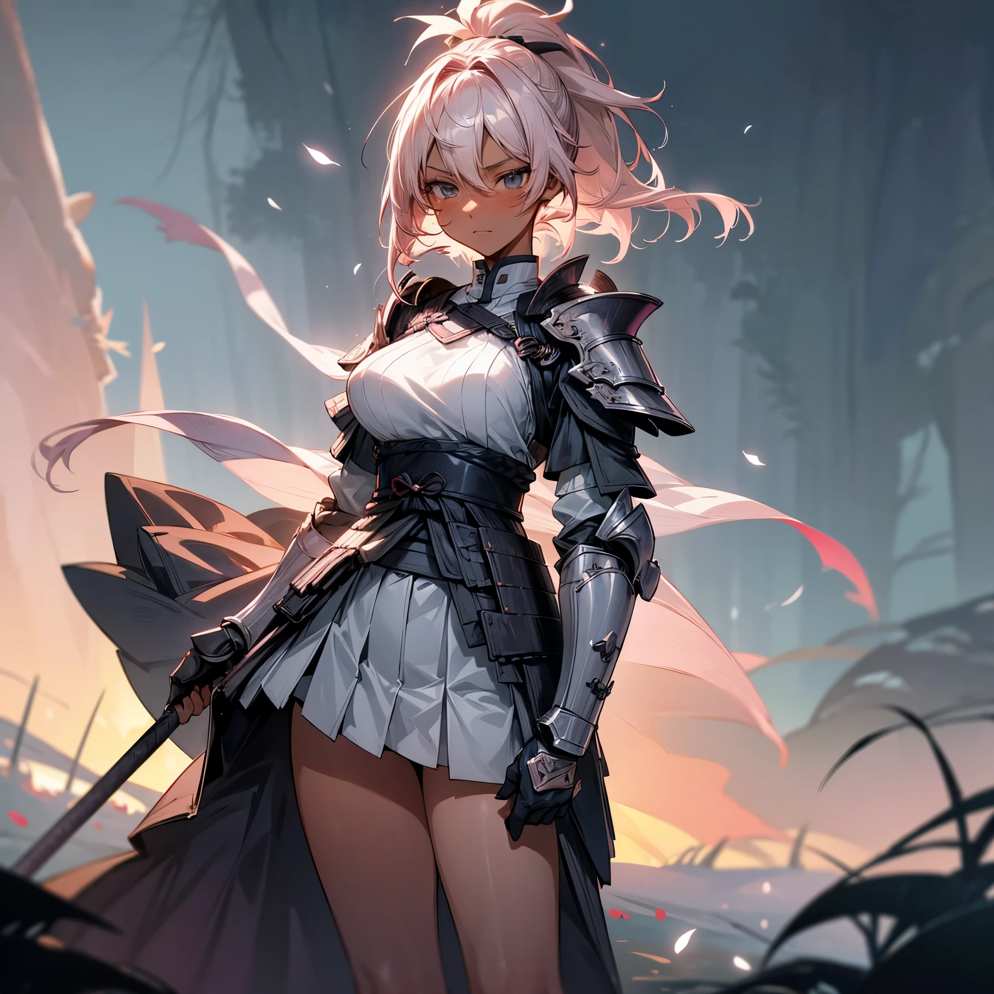 Serious face、Longhaire、silber hair、Warrior armor、Full-body figure、Fighting figure、In a fantastic forest、Holding a sword in his left hand、Squatting、Pants hide