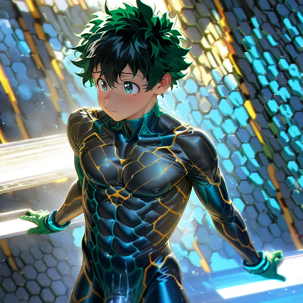 1 man,Midoriya Izuku,boy,naked,boy,bodysuit(((chest naked))),superhero,erection,pennis,