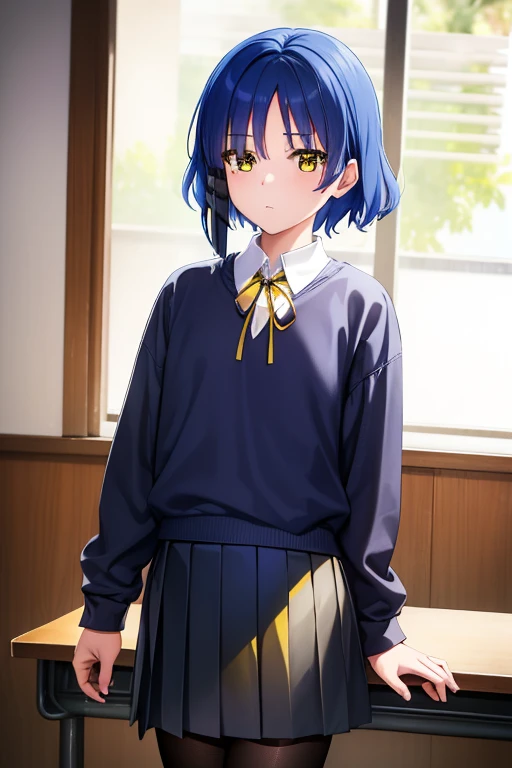  Yoshiyamada , Yamada Ryo ,  blue hair ,  Eyes Visible Between Hair , mole, mole under eye, Short hair, (Yellow eyes:1.5), Hairpin,
rest black pantyhose, Black Ribbon, blue skirt, 棕色shoe履, 乐福shoe, Long sleeve, pantyhose, ribbon, school uniform,   Shimokitazawa High School , shirt, shoe, skirt, white shirt,,
rest indoors, classroom,
rest looking at viewer, ( cowboy shooting:1.5),
rest (masterpiece:1.2),  is the best quality,  high resolution,  unity 8k wallpaper , (illustration:0.8), ( beautiful detailed eyes :1.6),  extremely detailed facial , Perfect lighting,  Extremely Detailed CG , (Perfect hands,  perfect anatomy ),