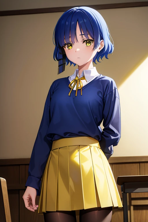  Yoshiyamada , Yamada Ryo ,  blue hair ,  Eyes Visible Between Hair , mole, mole under eye, Short hair, (Yellow eyes:1.5), Hairpin,
rest black pantyhose, Black Ribbon, blue skirt, 棕色shoe履, 乐福shoe, Long sleeve, pantyhose, ribbon, school uniform,   Shimokitazawa High School , shirt, shoe, skirt, white shirt,,
rest indoors, classroom,
rest looking at viewer, ( cowboy shooting:1.5),
rest (masterpiece:1.2),  is the best quality,  high resolution,  unity 8k wallpaper , (illustration:0.8), ( beautiful detailed eyes :1.6),  extremely detailed facial , Perfect lighting,  Extremely Detailed CG , (Perfect hands,  perfect anatomy ),