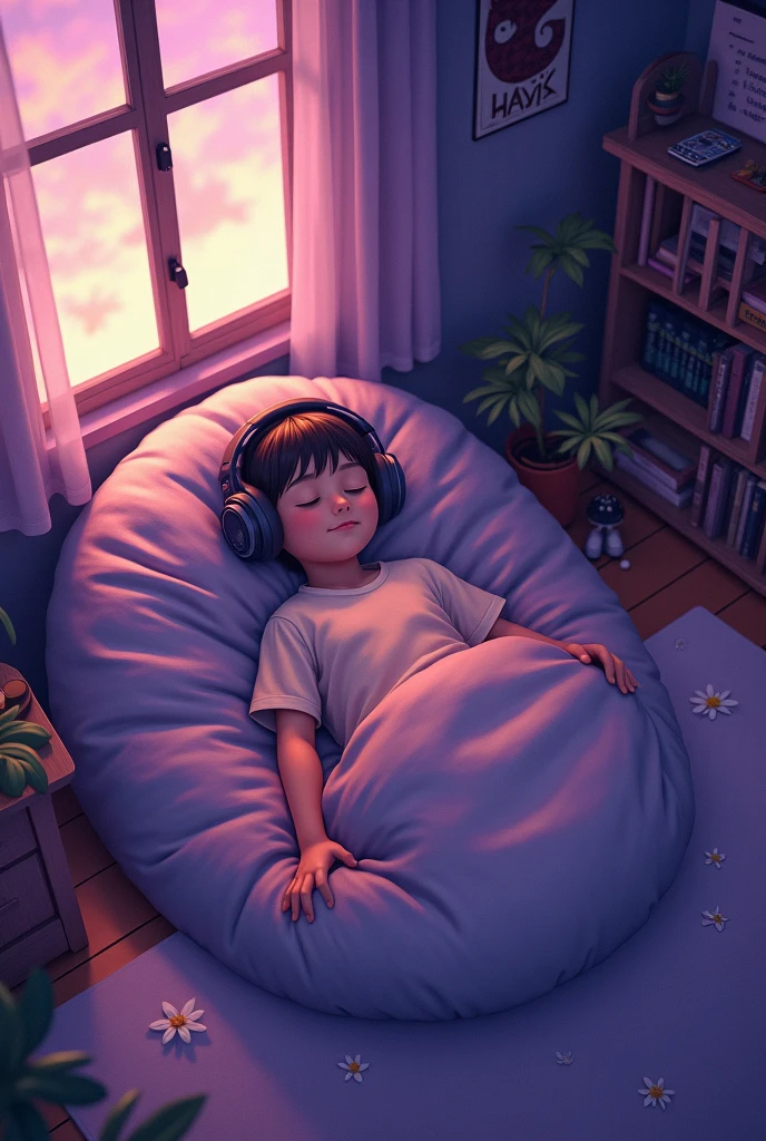 A boy in there home sleep in sofa and tv is on anime lofi style