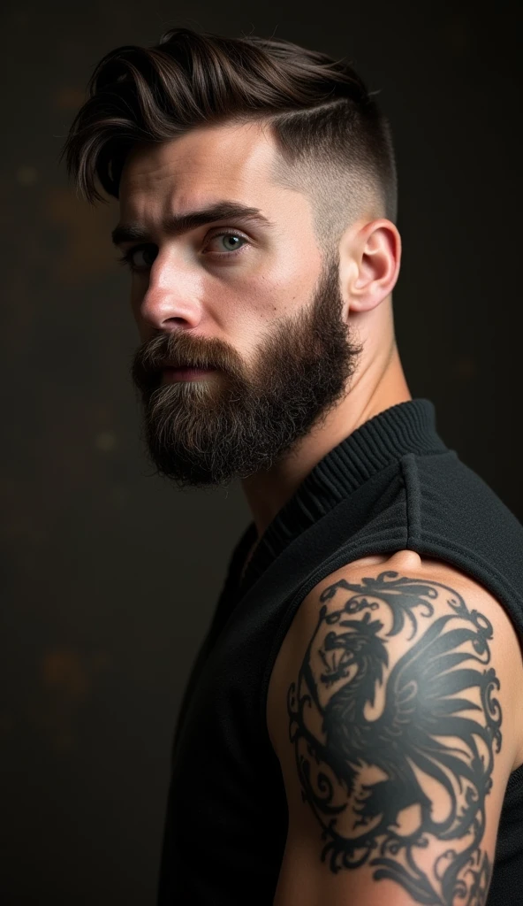 A man with short dark brown hair, with very short faded sides, and a well-groomed, full medium beard. The man has black tattoos all over his right arm. The man is a Gryffindor from the Harry Potter series. He should have his face turned slightly to the right. His clothing should be classic and should be in a way that leaves his forearm .