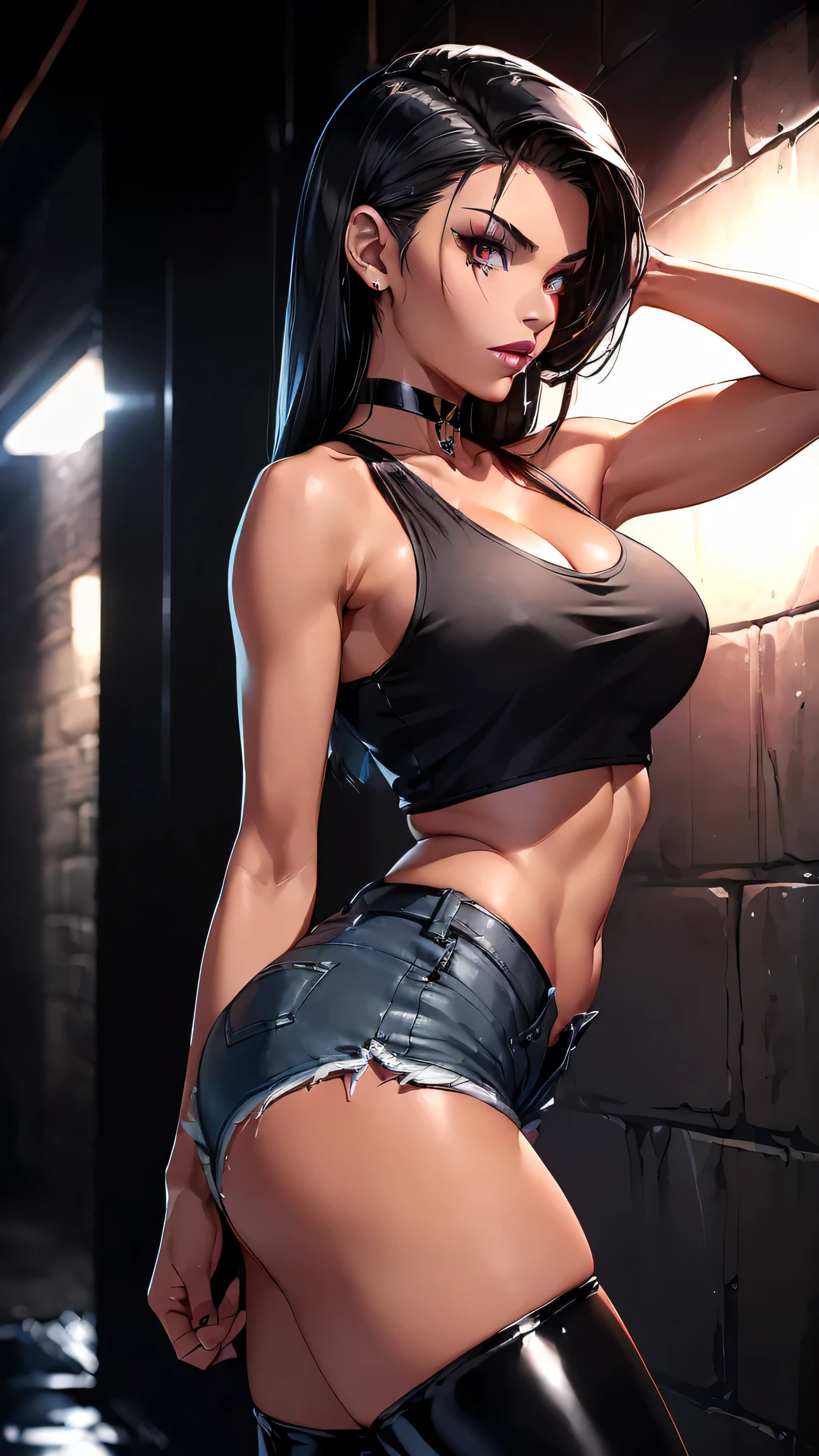 gorgeous woman, short night black hair, russian woman, ragged white tank-top, underboob, cutoff faded blue jeans hotpants, red thong