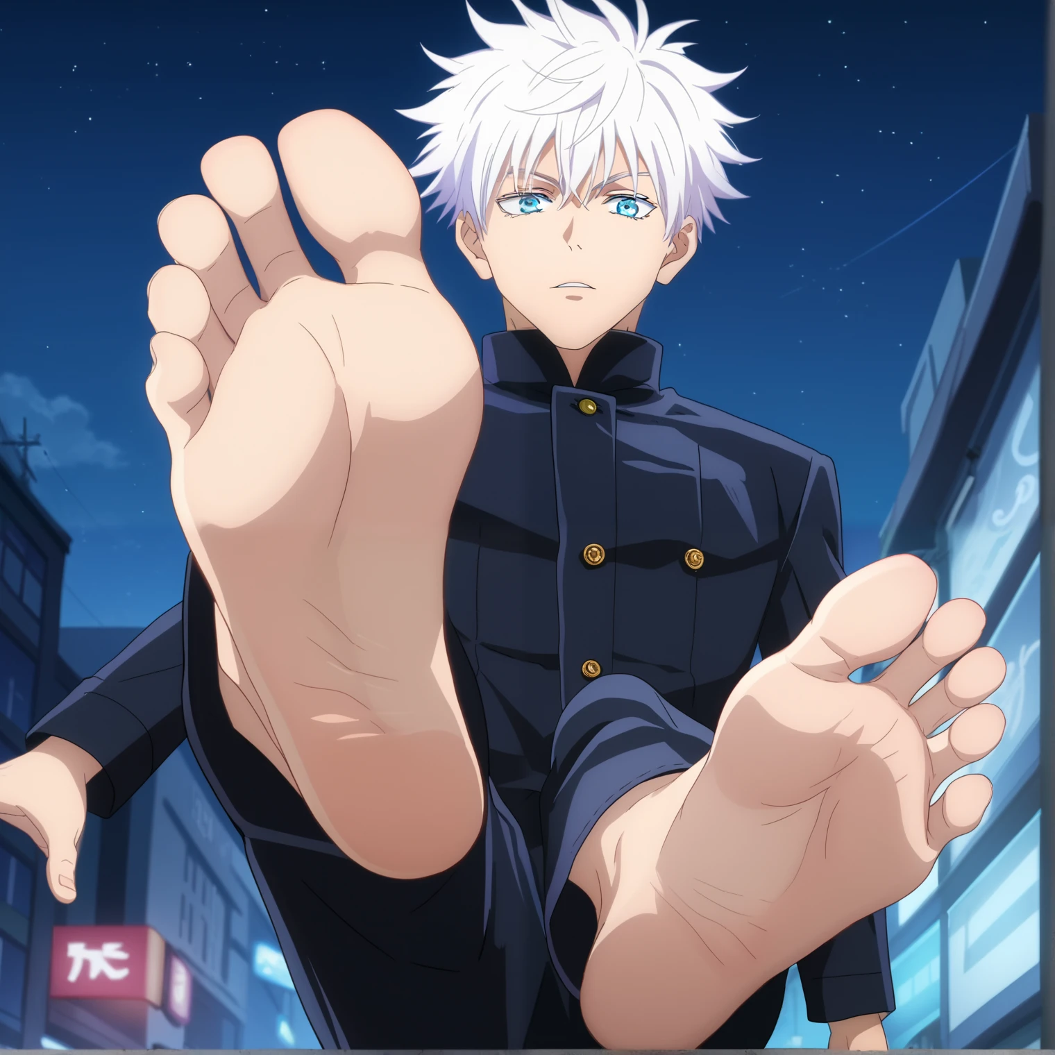 score_9, score_8_up, source_anime,
1boy, Satoru Gojo, white hair, short hair, wide opened blue eyes, black high-collar jacket, long sleeves, black pants , alone, looking at viewer, cowboy shot, ANIME SCREENCAP, anime coloring, in the city, night, barefoot, perfect feet, anatomically correct, soles, low angle, focal length 35mm, each foot has five toes, front, symmetrical soles, foot focus