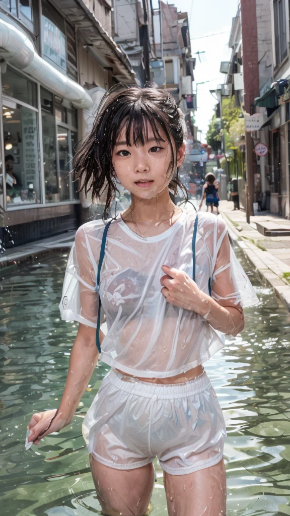 (Highest quality, masterpiece, 4K, photographic, Fine, Realstic:1.4), (1 pretty young girl in soaked white nylon shorts:1.3), short stature, squirt, wearing soaked white short-sleeved t-shirt and white nylon shorts, ((covering the crotch with both arms)), very cute, Her wet white shorts is transparent and her white underwear is clearly visible, white clothes that are wet and see-through, Footage from the knee up, fall in drainage ditch
