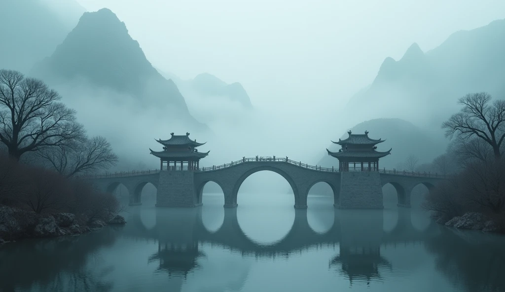 Anime art, A breathtaking ancient Chinese bridge shrouded in dense fog, nestled in an ancient village surrounded by majestic mountains, captured in the style of a masterful oil painting,,ultra-detailed, ancient chinese architecture, foggy atmosphere, picturesque landscape, dramatic lighting, moody colors, cinematic composition, intricate details, mystical ambiance, serene village, rolling hills, thick mist, atmospheric lighting, muted tones, classical chinese painting