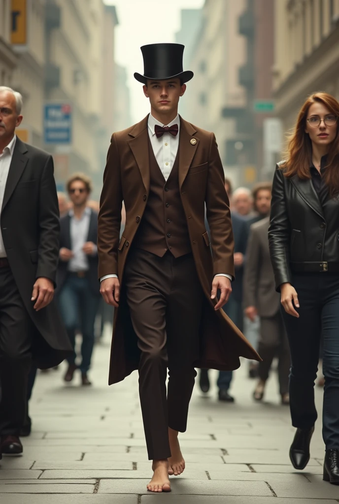 Un jeune homme de 20 ans aux cheveux courts, pieds nus, vêtu d’un smoking marron, d’un chapeau haut de forme et d’une cravate jabot marche dans la rue au milieu de gens qui sont habillés normalement avec un style vestimentaire du 21 ème siècle.