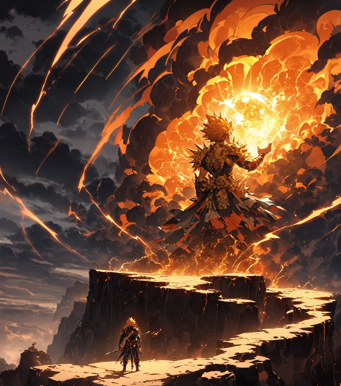 a print A warrior with his back turned, his spiky hair shining gold, stands atop a cliff as a glowing orb hovers above his hand. On the horizon, dark clouds swirl toward a vortex, and lightning streaks across the sky. On the ground around the warrior, smoking craters are scattered, with small crystalline orbs glowing orange, each with stars inside.