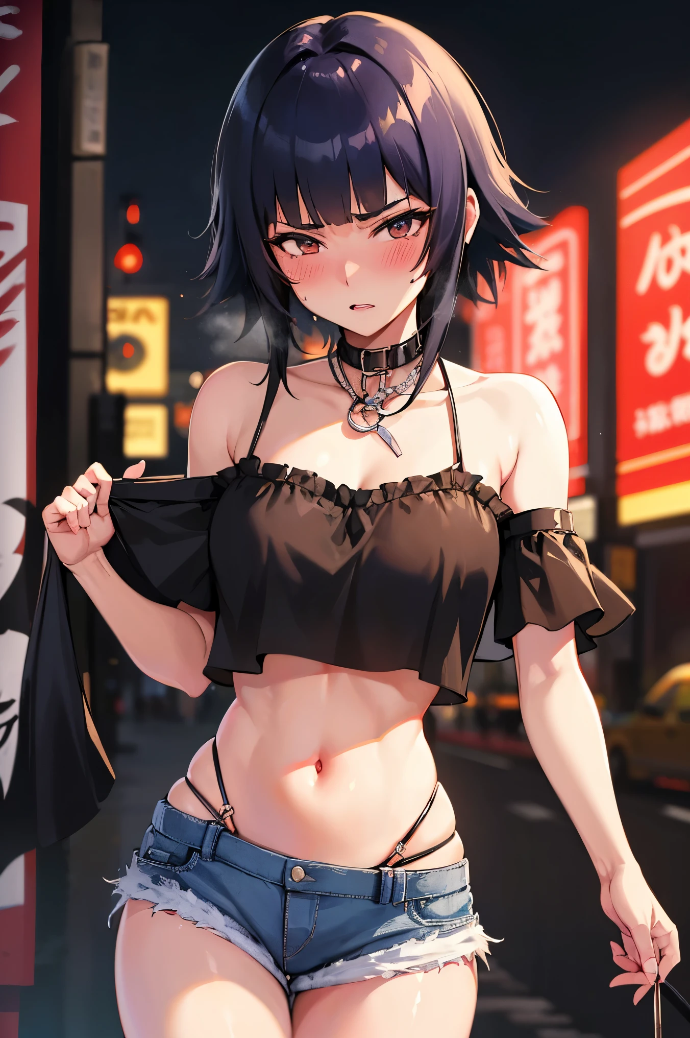 NSFW,masterpiece, best quality, high definition , very detailed,Soi Fon, shorthair 、 long hair, off-shoulder , Crop Top ,Belly button, denim shorts ,Embarrassed,blush, horny expression ,Nightlife,Outdoor, NEON STREET ,(Do prostitution:1.5)