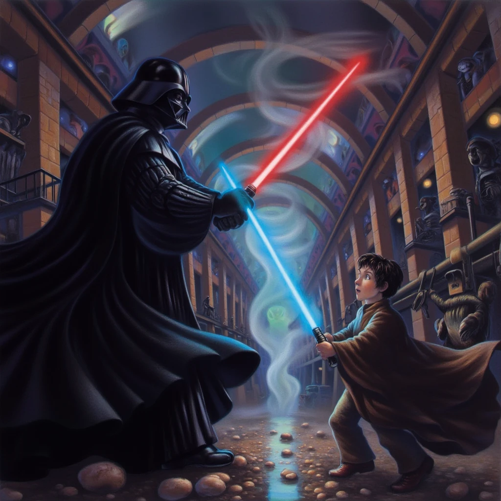 Darth Vader stands face-to-face with Luke Skywalker in a vast, dimly lit industrial chamber. Vader, clad in his iconic black armor and flowing cape, grips his red lightsaber, its crimson light casting an ominous glow on his polished helmet. Across from him, Luke holds his blue lightsaber with determination, sweat on his brow as he stands ready to face his father. The chamber is filled with the hum of their blades and the hiss of steam from the machinery, creating an intense and charged atmosphere. The clash between them symbolizes the battle between the dark side and the light, with Luke’s resolve contrasting Vader’s menacing presence.