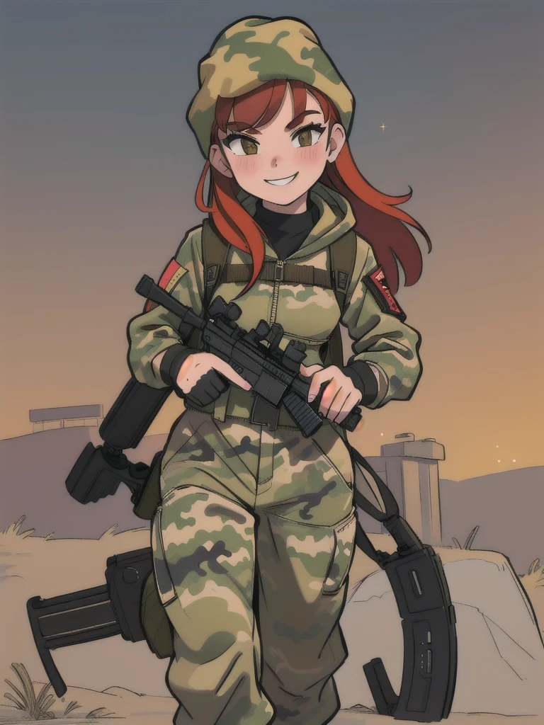 girl with smile and red hair, with a camouflage jacket, camouflage balaclava, tactical backpack, tactical gloves,camouflage pants and army boots, In the evening he walks through the village