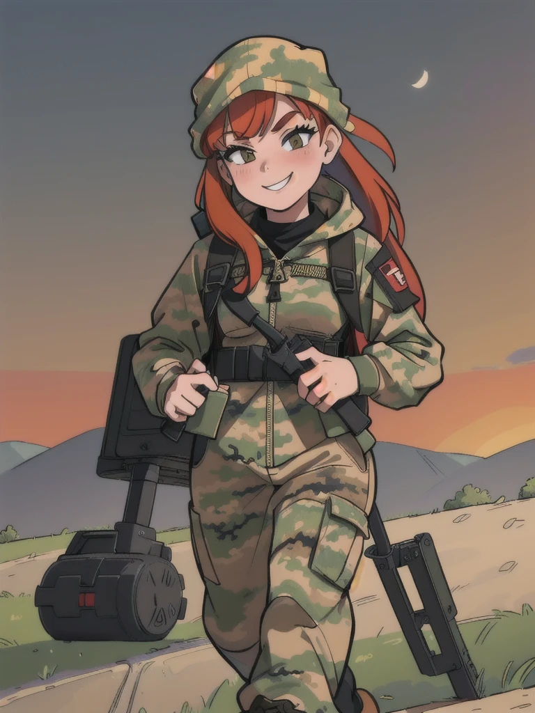 girl with smile and red hair, with a camouflage jacket, camouflage balaclava, tactical backpack, tactical gloves,camouflage pants and army boots, In the evening he walks through the village