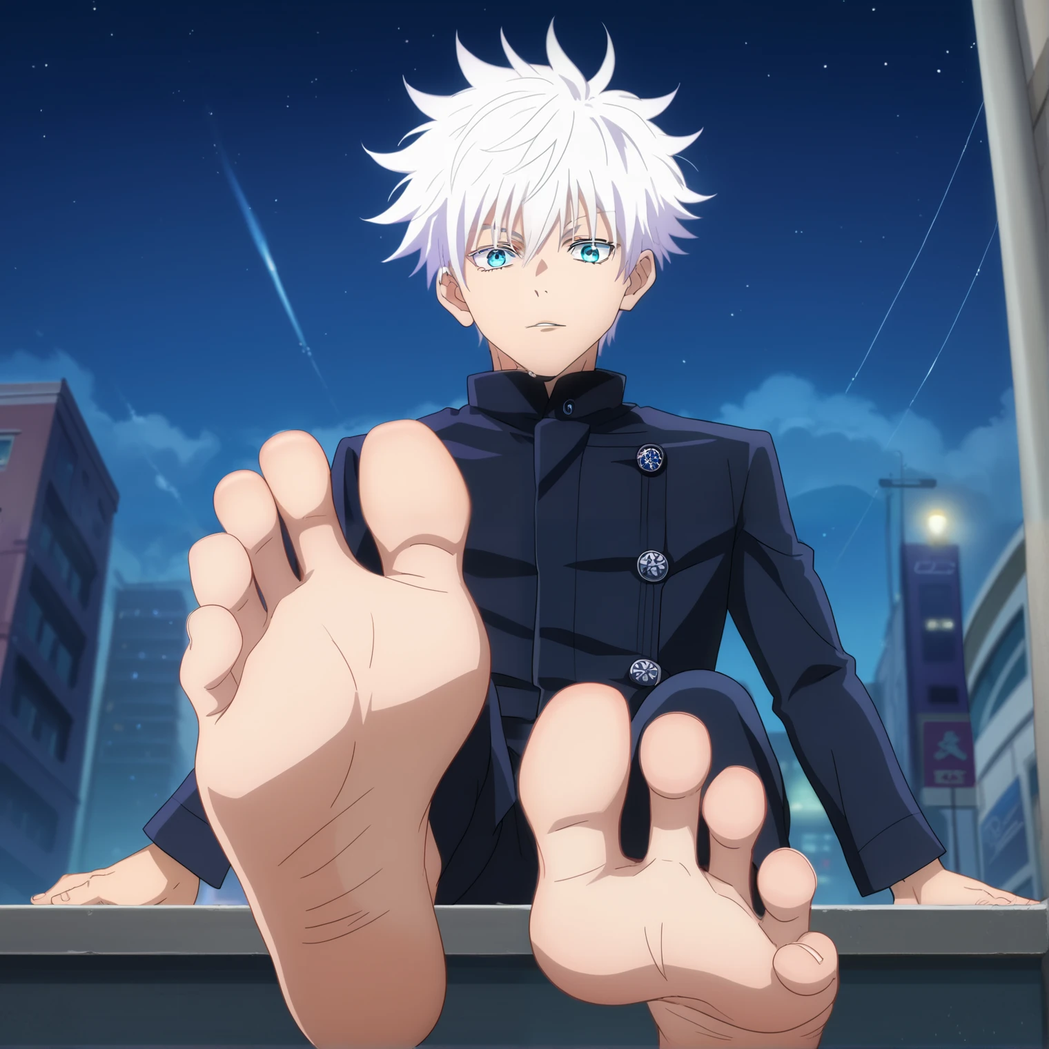 score_9, score_8_up, source_anime,
1boy, Satoru Gojo, white hair, short hair, wide opened blue eyes, black high-collar jacket, long sleeves, black pants , alone, sitting, looking at viewer, cowboy shot, ANIME SCREENCAP, anime coloring, in the city, night, barefoot, perfect feet, anatomically correct, soles, low angle, focal length 35mm, each foot has five toes, front, symmetrical soles, foot focus