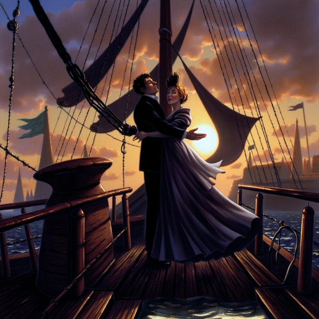 mrygp, A young man and woman stand together at the bow of a grand ship, framed by the golden hues of a breathtaking sunset. The woman spreads her arms wide, her elegant dress flowing gently in the ocean breeze as she closes her eyes, a serene smile on her face. The man stands close behind her, his hands resting lightly on her waist, his gaze filled with quiet affection and wonder as he leans in. The ship’s railing and rigging surround them, but the focus remains on their intimate, joyous moment, as they embrace the freedom and beauty of the open sea. The warm light of the setting sun casts a romantic glow over the scene, emphasizing their connection and the fleeting magic of the moment.