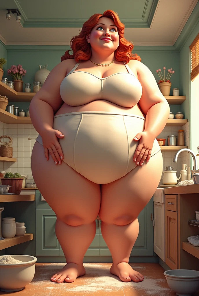 A happy Gamer photo of a young beautiful bottom heavy Gamer redhead ssbbw with pear-bodyhape, extreme wide hips, with long ginger hair soft fat belly, extremely wide fat obese hips, very obese legs, thick fat wide legs and fat arms, huge wide butt, cute pretty face, fat saggy breasts, in comfortable gamer clothes, Wearing a headphone on her head, sitting on a couch eating a lot of snacks, there is a pizza and a lot of snacks next to her on the couch, barefoot on a fluffy carpet