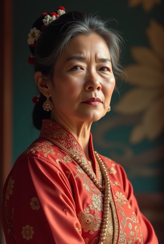 80 years old,Tang Dynasty,Female master,Big breasts,Holding a dragon-headed cane,Fell in a pool of blood,dead