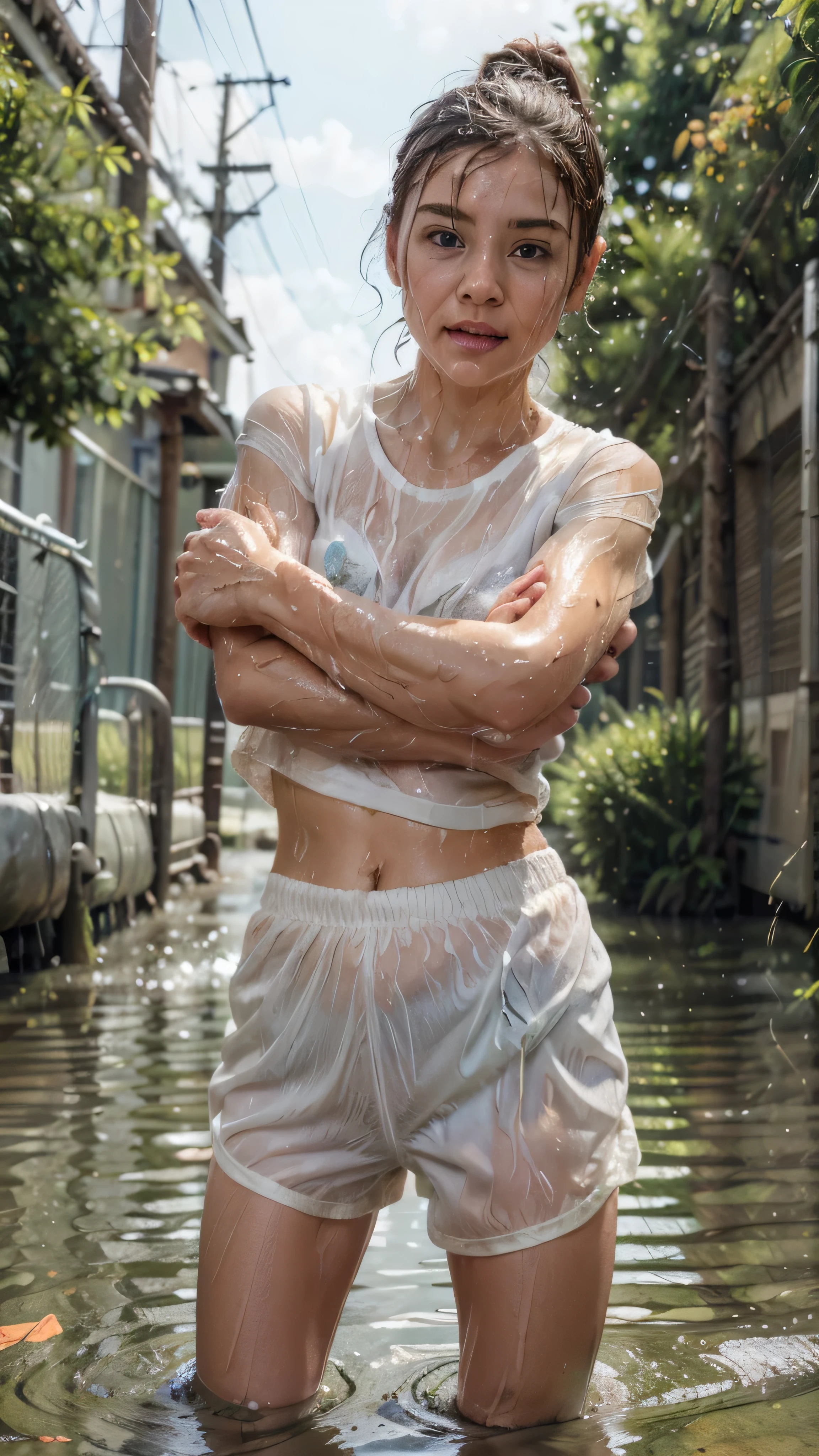 (Highest quality, masterpiece, 4K, photographic, Fine, Realstic:1.4), (1 pretty young girl in soaked white nylon shorts:1.3), short stature, squirt, wearing soaked white short-sleeved t-shirt and white nylon shorts, ((covering the crotch with both arms)), very cute, Her wet white shorts is transparent and her white underwear is clearly visible, white clothes that are wet and see-through, Footage from the knee up, fall in drainage ditch
