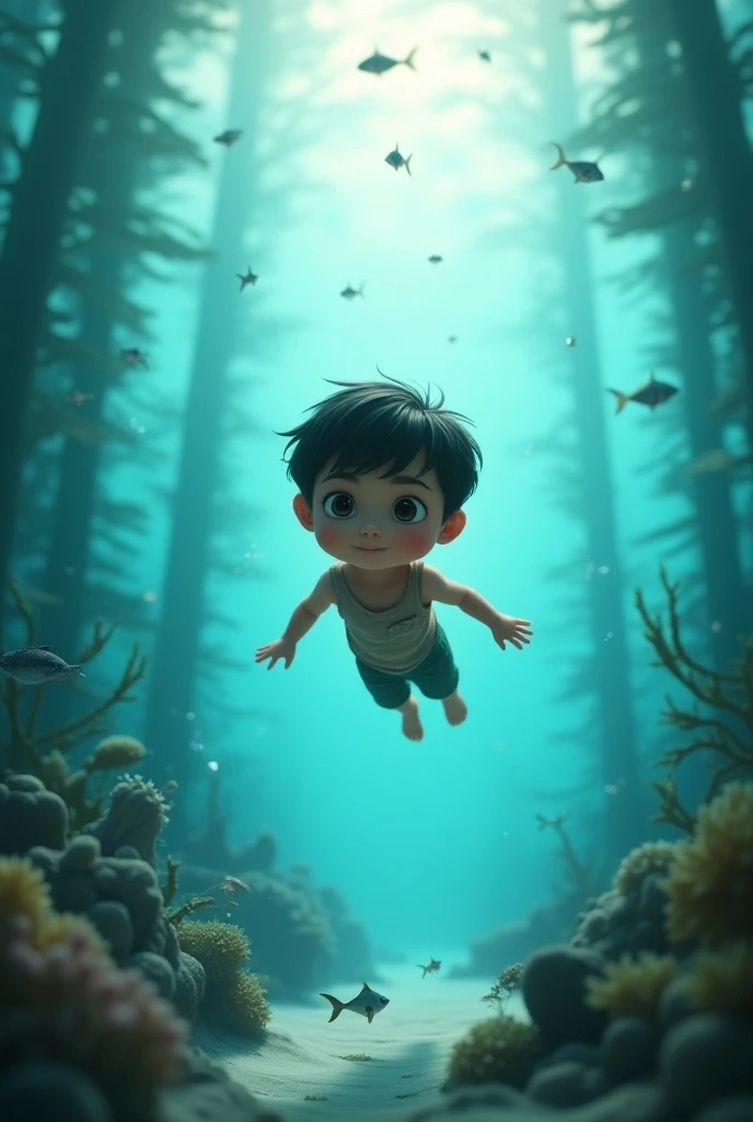 a child boy, no fundo do mar em um traje de mergulho