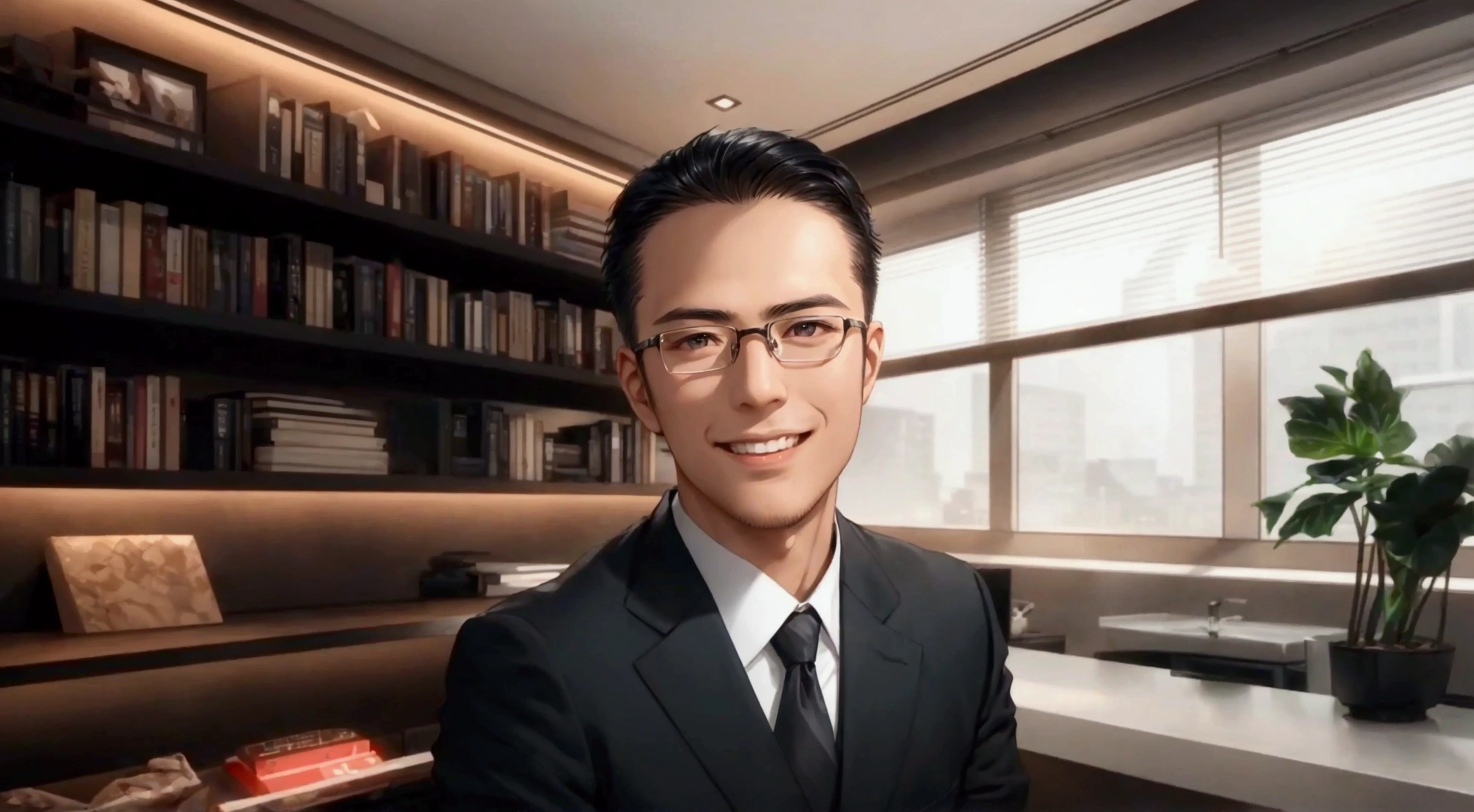 Generate an image of a handsome young Taiwanese businessman, keep the head and body still, smiling, no beard, confident expression, short black hair, oval face with masculine feature, black deep eyes, semi-rimless glasses, wearing business casual. The character should be seated in his own personal, bright and modern office, looking at the camera, as if he is narrating or communicating. Please emphasizing the character's role as a narrator for Youtube video. high resolution, ultra-detailed, 8K