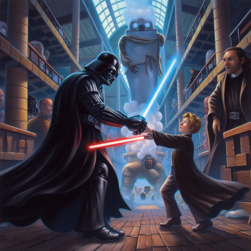 mrygp, Darth Vader stands face-to-face with Luke Skywalker in a vast, dimly lit industrial chamber. Vader, clad in his iconic black armor and flowing cape, grips his red lightsaber, its crimson light casting an ominous glow on his polished helmet. Across from him, Luke, dressed in a dark Jedi tunic and pants, grips his blue lightsaber with determination. His sandy blonde hair is tousled, and sweat glistens on his brow as he stands ready to face his father. The chamber is filled with the hum of their blades and the hiss of steam from the machinery, creating an intense and charged atmosphere. The clash between them symbolizes the battle between the dark side and the light, with Luke’s resolve contrasting Vader’s menacing presence.