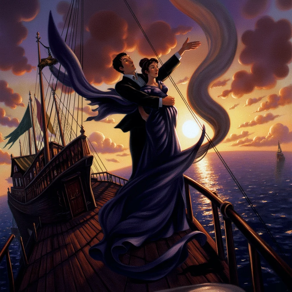 mrygp, A young man and woman stand together at the bow of a grand ship, framed by the golden hues of a breathtaking sunset. The woman spreads her arms wide, her elegant dress flowing gently in the ocean breeze as she closes her eyes, a serene smile on her face. The man stands close behind her, his hands resting lightly on her waist, his gaze filled with quiet affection and wonder as he leans in. The ship’s railing and rigging surround them, but the focus remains on their intimate, joyous moment, as they embrace the freedom and beauty of the open sea. The warm light of the setting sun casts a romantic glow over the scene, emphasizing their connection and the fleeting magic of the moment.