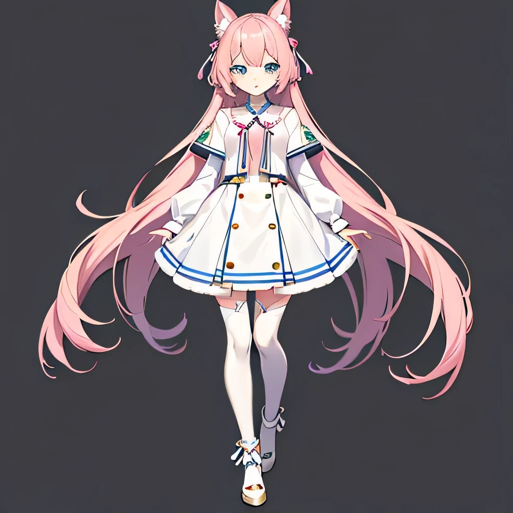 Her hair is about the length of her gray with long pink ribbons and makes a half twin。White skin and light blue eyes 。The clothes are white uniform-like dresses with white leg warmers on the legs
Full body illustration of a cute Vtuber girl model standing facing the front with a good style。 Pastel Color 。