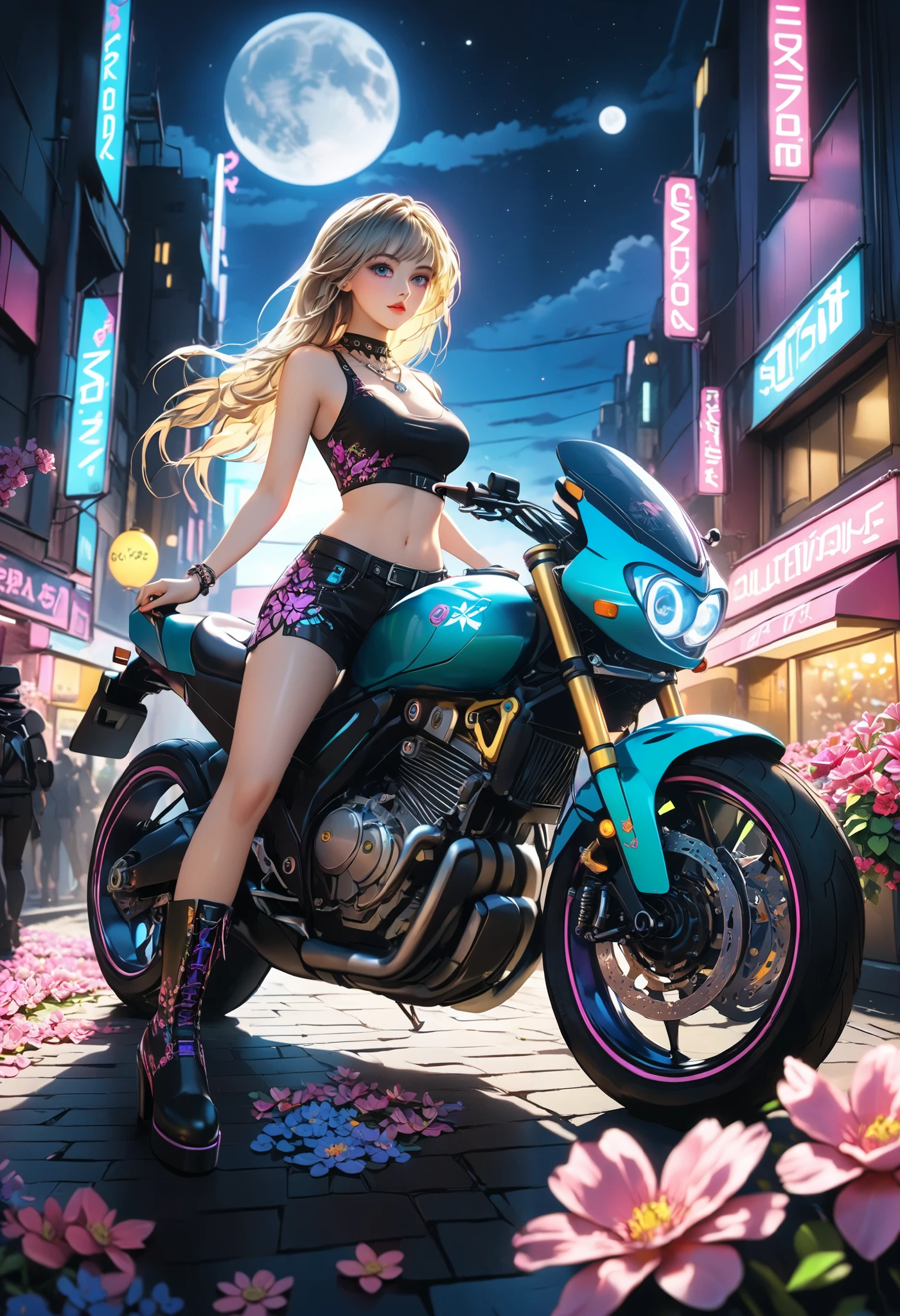 anime, young woman, (cyber punk:1.3),  Sophisticated Detailed Clothing ,  Vivid Print Vest , black T-shirt, neck pendant ,  Full Height,  Very Large Heel Bright Boots,  Beautiful Overflowing Pants ,  Background Butterflies Circle Around Girl ,  Night view , moonlight,  Far from town , City seen ,  Somewhere on the Field of Flowers ,  Cyber Punk Neon Motorbike , 8 k, stars, bright colors,  Complex Details , ( better quality:1.2),  ultra detail,