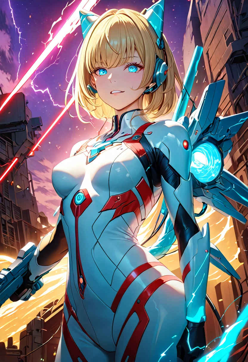 top-quality、  best image quality、​masterpiece、Android Girl((、red, black, red and white glowing cybersuit、 blue energy source on the chest ,Best Bust、Bust 90、 Blonde Away Tail 、Turquoise eyes、 open their chest wide 、valley、happiness、Slender、Aggressive face、 Stand in Front 、  countless cable connections throughout the body、Particles of light、 Sharp Claw Arms , dual-arm laser gun 、Wounded Body、battle、 giant cybersword 、The flight unit 、In the air、Sparkling Eyes)） High Quality 、Beautiful art、 Background and ((Blue lighting、Green Particles 、red Laser Pointer、 Purple Swirls ,yellow flash 、 Pink Lightning 、Cybeeld 、Bright sky,Overlooking the town))、masterpiece、 elaborate design 、 visual art 、Feature films