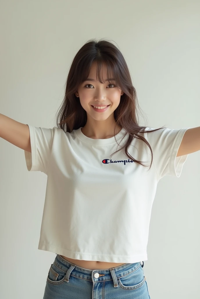 Top quality, 1 beautiful woman, age 28, white T-shirts, 35mm lens, f/1, cowboy shot, (white background: 1.3)