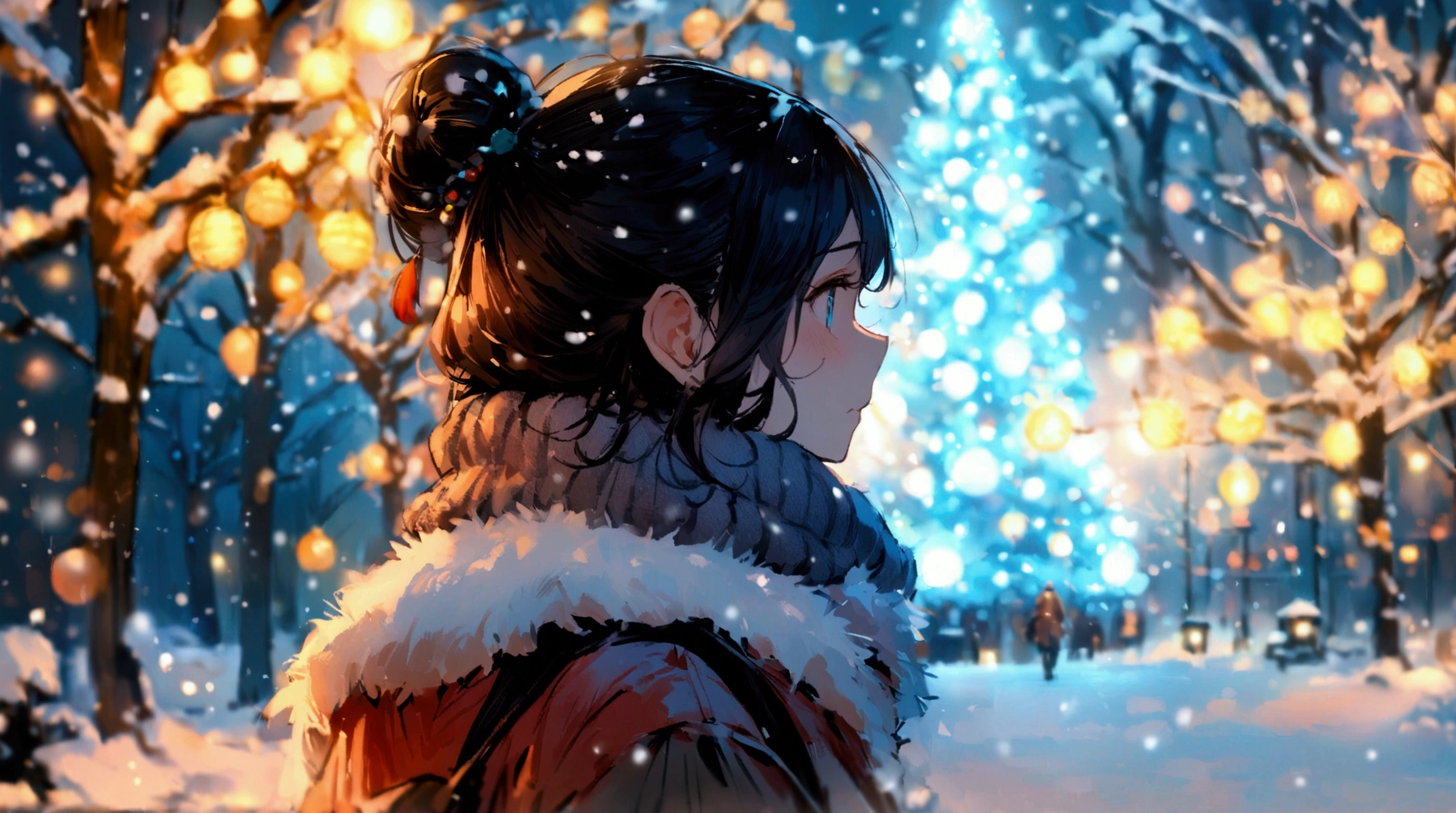 （masterpiece、high quality、High resolution、detailed、８k)、 back view of a female, walking along（ upper body）、In a snowy city 、The blue LED illuminations of street trees are shining、The light spreads over and over and blurs in a circle（Blur：1.2）、Big Christmas tree in the distance 、quiet night 、snow and light intersect, look at very sad 