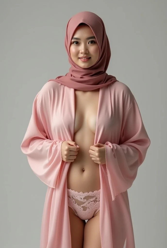 Young sweet beautiful Indonesian girl, 28 years old, slim body, georgeus face, beautiful small breasts, wearing white short hijab to  covering all her hairs, a young smart doctor in a hospital, a shy and humble girl, wearing white very thin  long sleeve all unbuttoned doctor jacket, there is a red cross badge on her  pocket, there is a stetoscope on her chest, wearing white lace very transparent panty, wearing black woman shoes, realistic, very detail face, no cartoon, all good fingers have normal shape, normal legs shape, standing confidence opened wide legs at loby of the bogor city hospital in the sunny morning,  sun shining to her body,   nipples and breast are exposed and visible, sweat on all her skins, many sweat flowing on her redish face, enjoying her job, sweet freely laughing,  her dark hairy  vagina exposed casted clearly through her see through panty, dense hairs under her stomach are visible,  nude, she is forget to get dress,