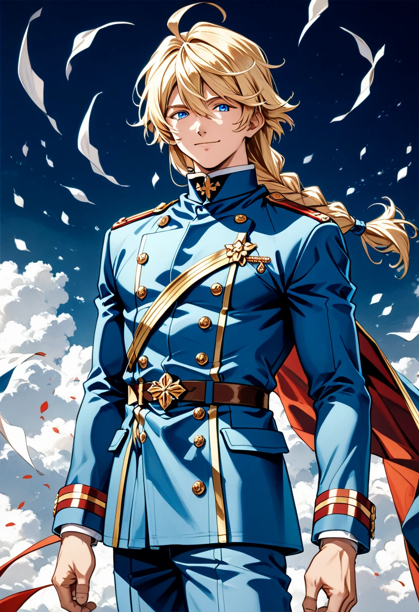 (score_9:0.7), score_7_up, source_anime,
1boy, mature male, tall, handsome, 
blonde hair, low-braided long hair, side part, short bangs, ahoge, short sidelocks,
blue eyes, half-closed eyes, light smile, 
military uniform, cowboy shot,
masterpiece, best quality, very aesthetic, absurdres, ultra detailed, 
detailed face, detailed eyes,