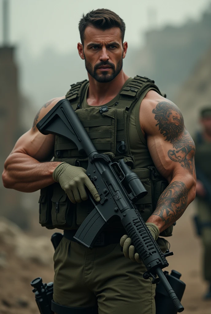 A man with an ak47 without a shirt