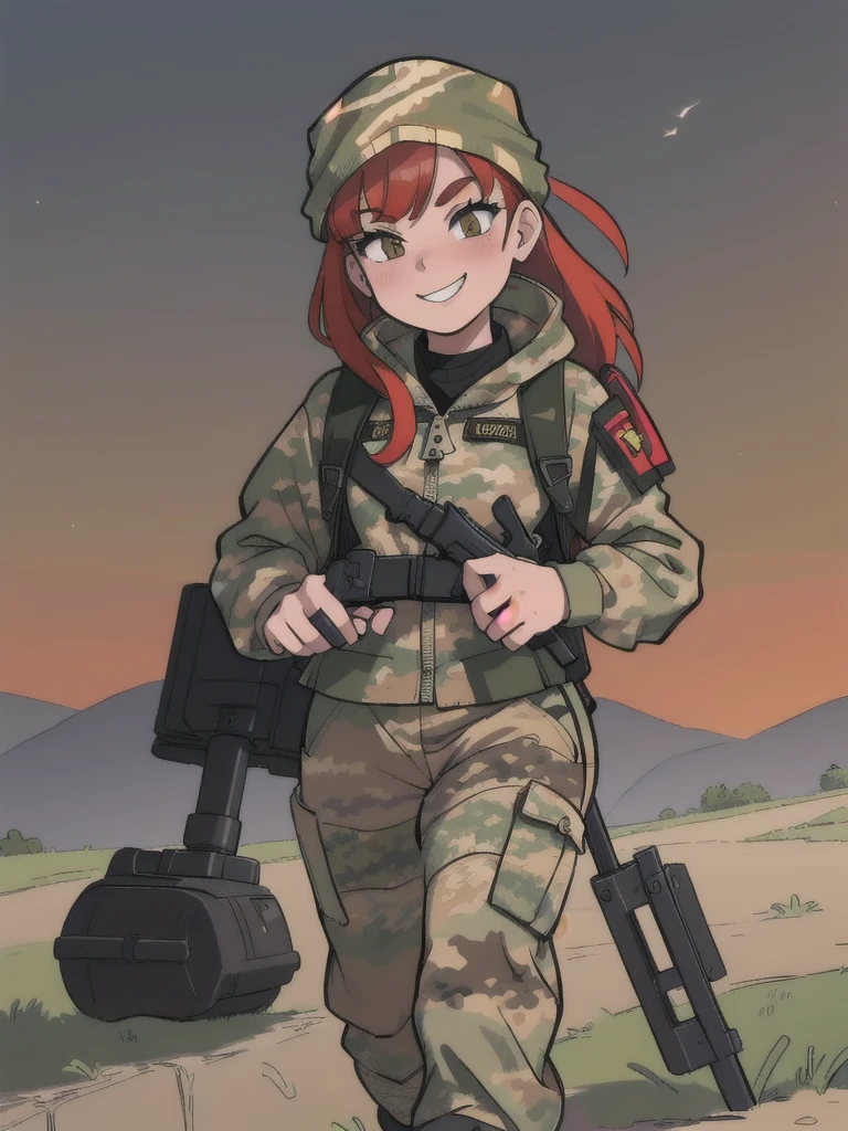 girl with smile and red hair, with a camouflage jacket, camouflage balaclava, tactical backpack, tactical gloves,camouflage pants and army boots, In the evening he walks through the village