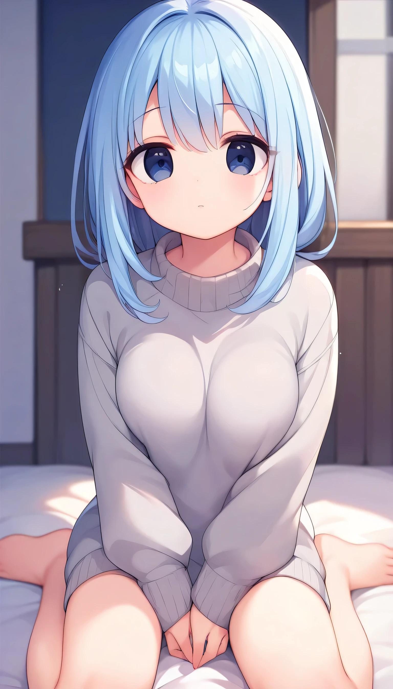  best quality、High image quality、8k、 1 girl、 long sky blue hair 、 dark eyes、 medium breasts、Grey sweater、Moe sleeves、Sitting down、 look up、