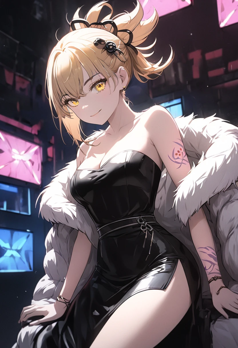 详细的脸、long eyeslashes、A detailed eye、Shining eyes、Clear eyes、(Pink eyes:1.3)、(Light blonde hair)、Shorthair、hightquality、high-level image quality、Best Quality、adult lady、Beautiful background、Beautiful scenery、Summer Night View、Leather Tops、Leather jacket、Leather trousers、Slimed、beauty legs、piercings