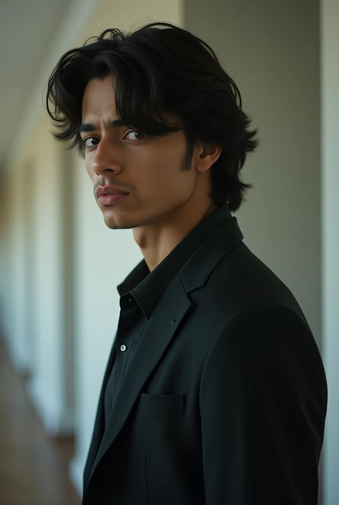 Hyper realistic photo, shot on iphone, back shot, good looking young Hispanic guy in a suit, medium length thick layered black hair, looking away to the side, room background